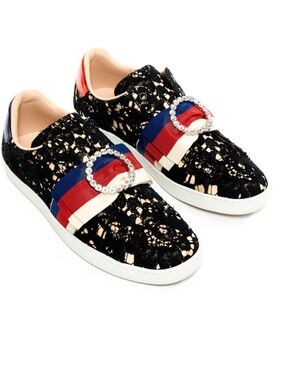 Gucci Sylvie Lace Slip-On Sneakers Red, Blue & White Ribbon Crystals Size 40.5